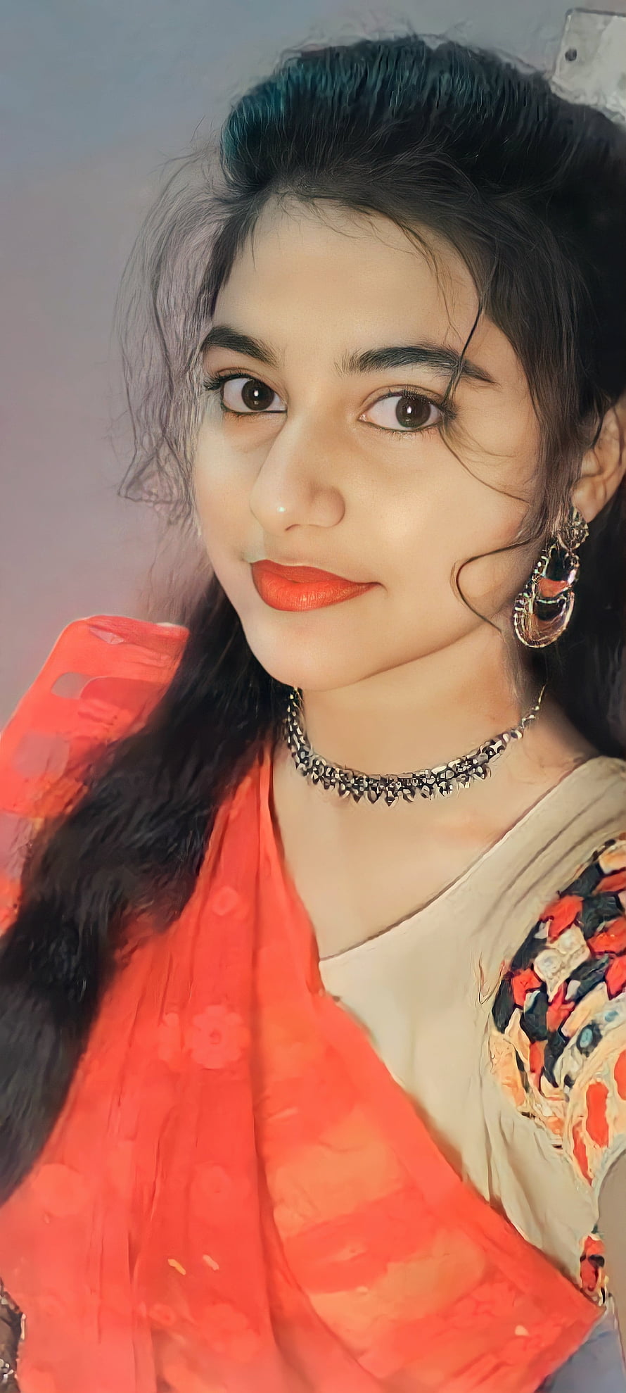Portrait of a woman wearing a vibrant orange dupatta and traditional silver jewelry, Beautiful girl, indian HD phone wallpaper
