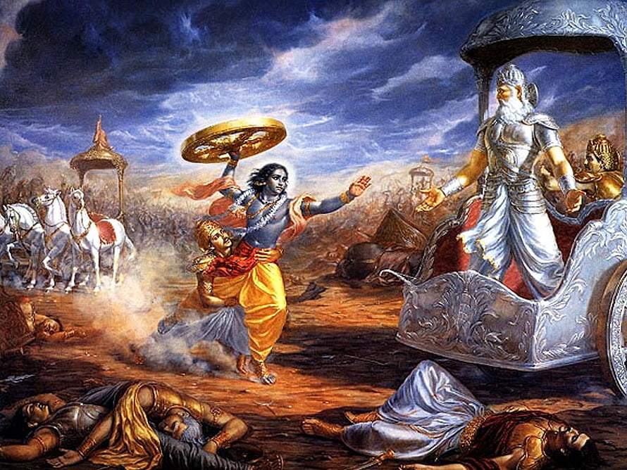 Krishna Wielding Sudarshana Chakra Against Karna in Mahabharata War HD wallpaper