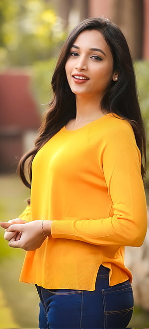 Portrait of a smiling woman with long dark hair wearing a bright yellow sweater and blue jeans outdoors, Srinidhi Shetty, orange HD phone wallpaper