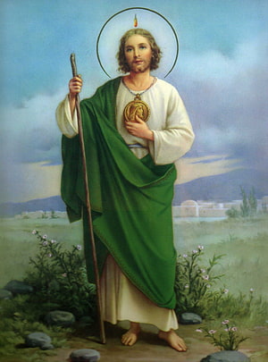 Saint Jude Thaddeus Religious Icon with Green Robe and Shepherd's Staff HD phone wallpaper