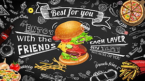 Chalkboard Fast Food Illustration Featuring Burger, Pizza, and French Fries HD wallpaper
