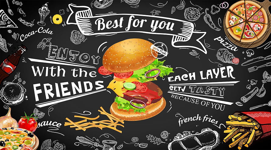 Chalkboard Fast Food Illustration Featuring Burger, Pizza, and French Fries HD wallpaper