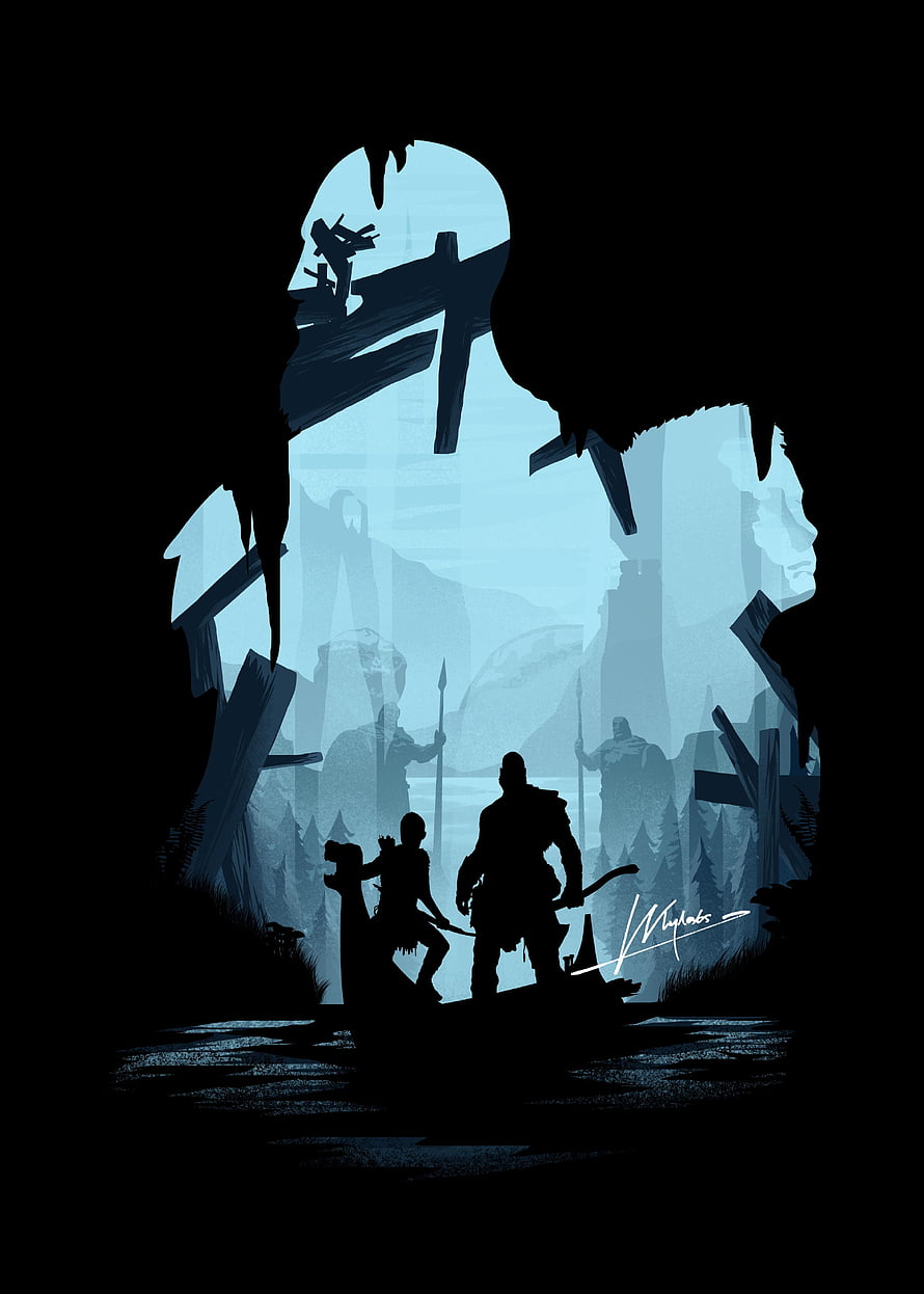 God of War Kratos and Atreus Silhouette Artwork in Dark Cave HD phone wallpaper