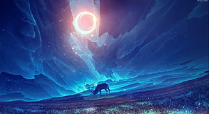 Mystical Deer Silhouette Under Glowing Celestial Ring in Ethereal Blue Fantasy Landscape HD wallpaper