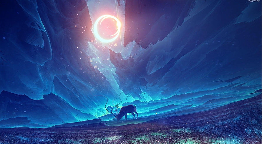 Mystical Deer Silhouette Under Glowing Celestial Ring in Ethereal Blue Fantasy Landscape HD wallpaper