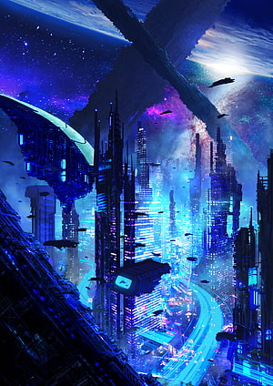 Neon-lit futuristic megacity with flying vehicles and cosmic nebula backdrop HD phone wallpaper