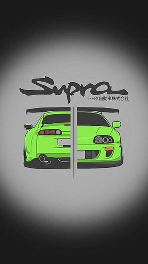 Toyota Supra JDM Green Split View Illustration with Brush Script Logo on Gradient Background HD phone wallpaper