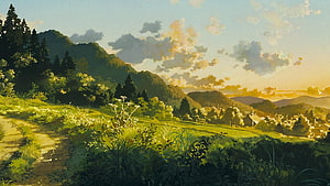 Serene Anime Countryside Landscape at Sunset with Rolling Hills and Dirt Path HD wallpaper