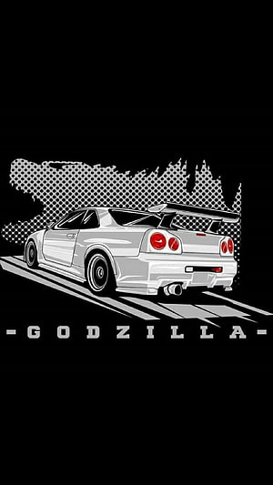 Nissan Skyline GT-R R34 Godzilla Rear Three-Quarter Vector Illustration on Black Background HD phone wallpaper