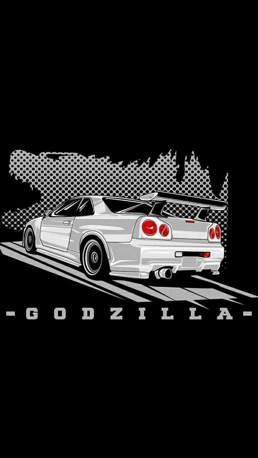 Nissan Skyline GT-R R34 Godzilla Rear Three-Quarter Vector Illustration on Black Background HD phone wallpaper