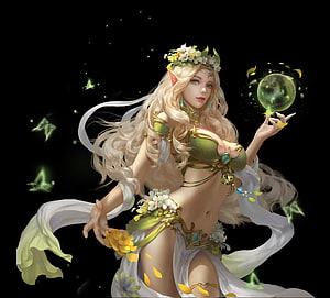 Ethereal Elf Fairy with Floral Crown and Glowing Green Orb HD wallpaper