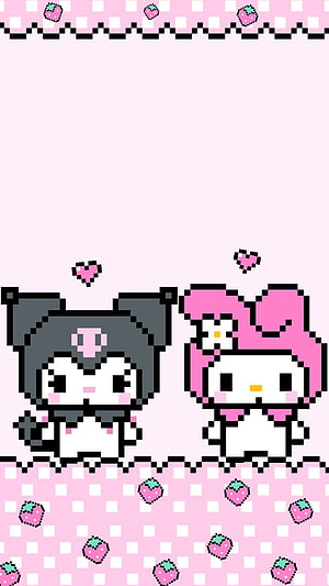 Kuromi and My Melody Pixel Art with Strawberry Pattern and Pink Hearts HD phone wallpaper