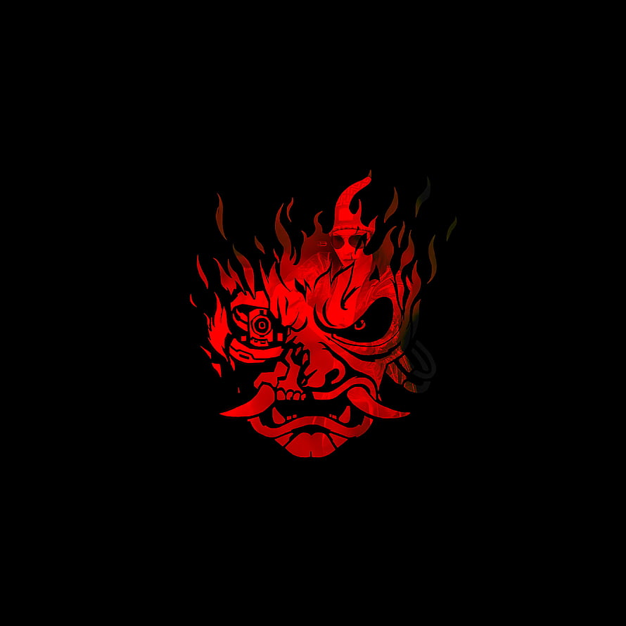Cyberpunk 2077 Samurai Mask with Fiery Red Flames on Black Background HD phone wallpaper