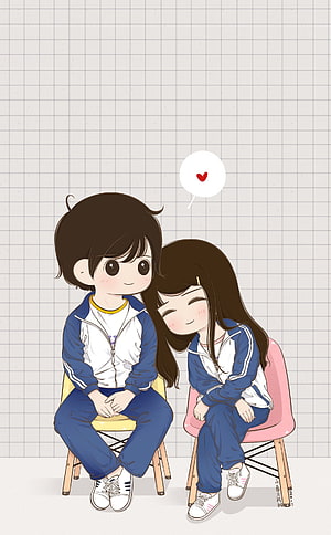 Cute Anime Couple in Blue School Uniforms Sitting Together with Heart Bubble HD phone wallpaper