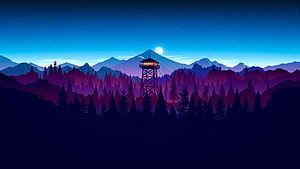 Stylized Nighttime Fire Watchtower in Purple Mountain Forest with Full Moon HD wallpaper