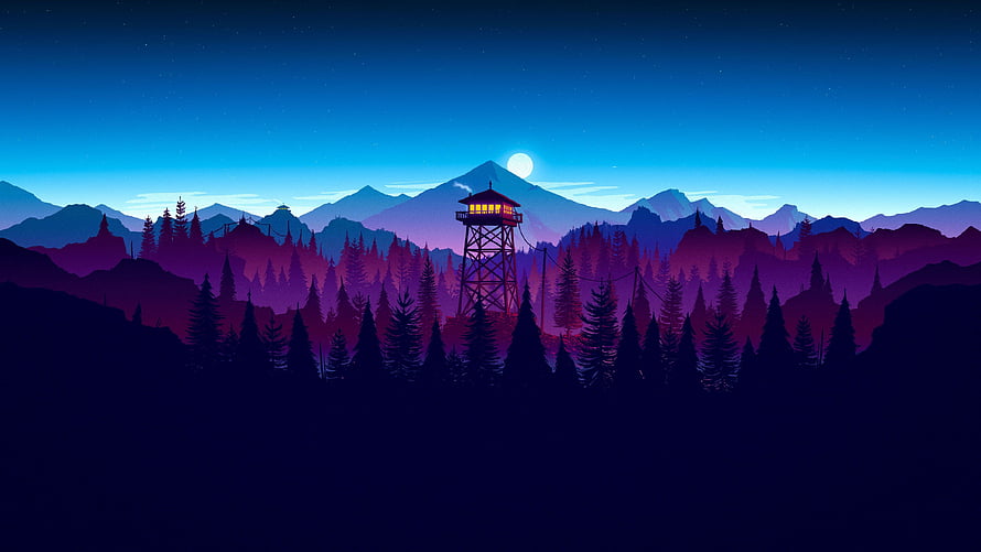 Stylized Nighttime Fire Watchtower in Purple Mountain Forest with Full Moon HD wallpaper