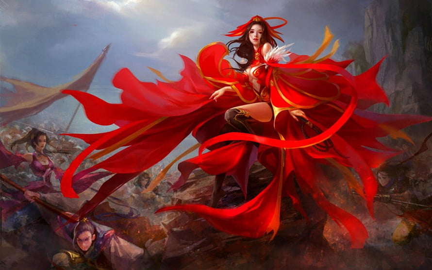 Epic Fantasy Warrior Woman in Flowing Red Robes on a Battlefield, Fantasy girl, fantasy, art, red, woman, warrior HD wallpaper