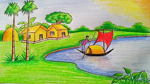 Colorful Village Scene With River, Boat, and Palm Trees HD wallpaper