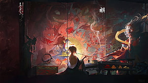 Mocah Japanese Yokai Fantasy Art: Demon and Woman in Traditional Setting, Fantasy, Japanese, Demon, Yokai, Art, Digital Art - Mocah , Japan Art HD wallpaper