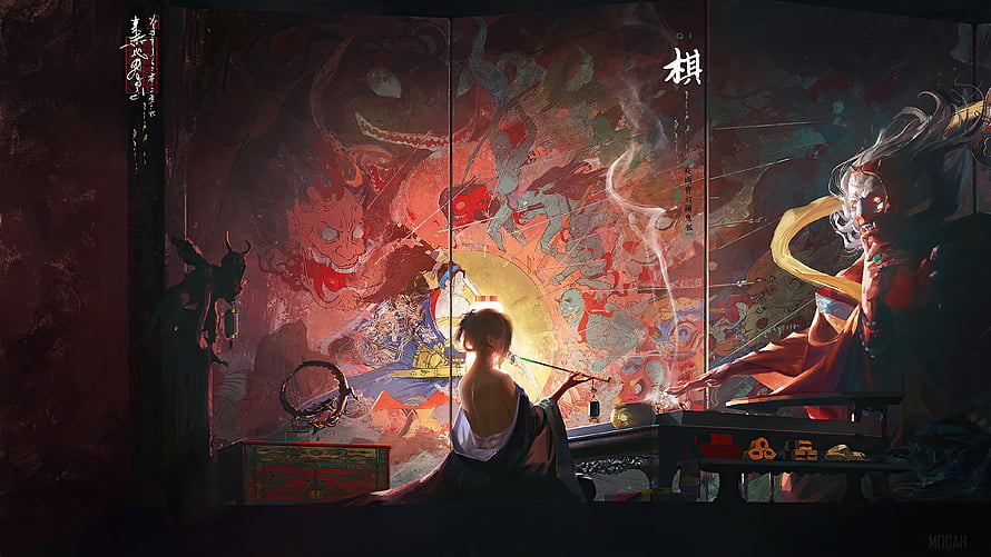 Mocah Japanese Yokai Fantasy Art: Demon and Woman in Traditional Setting, Fantasy, Japanese, Demon, Yokai, Art, Digital Art - Mocah , Japan Art HD wallpaper