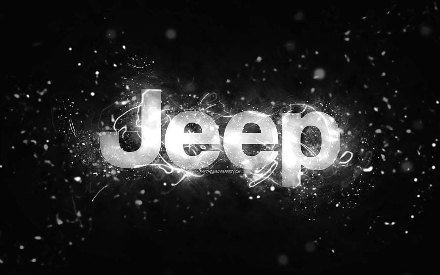 Jeep White Neon Logo with Electric Sparks on Black Abstract Background HD wallpaper