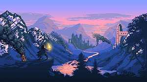 Winter Pixel Art Fantasy Landscape with Snowy Mountains and Distant Castle at Sunset HD wallpaper