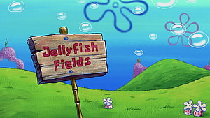 SpongeBob SquarePants Jellyfish Fields Sign in Underwater Landscape HD wallpaper