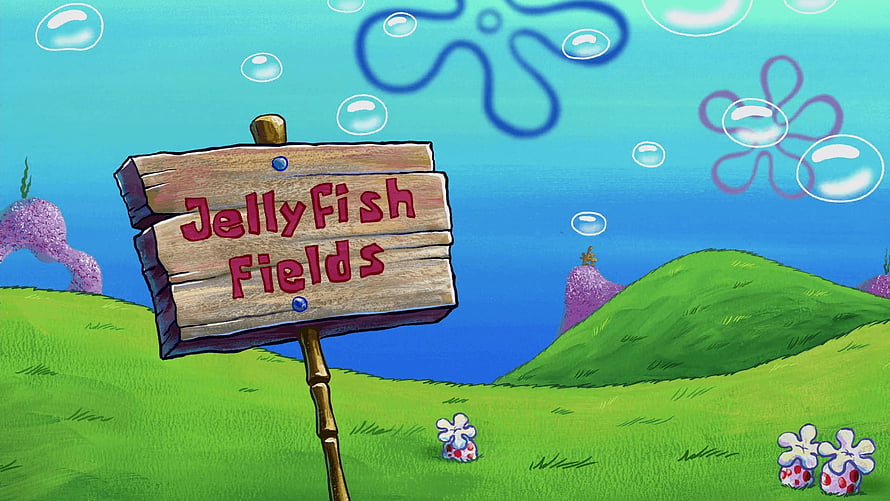 SpongeBob SquarePants Jellyfish Fields Sign in Underwater Landscape HD wallpaper