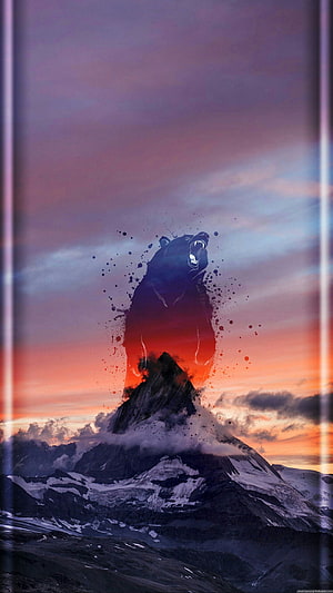 Roaring Bear Silhouette Rising from Snowy Mountain Peak at Sunset HD phone wallpaper