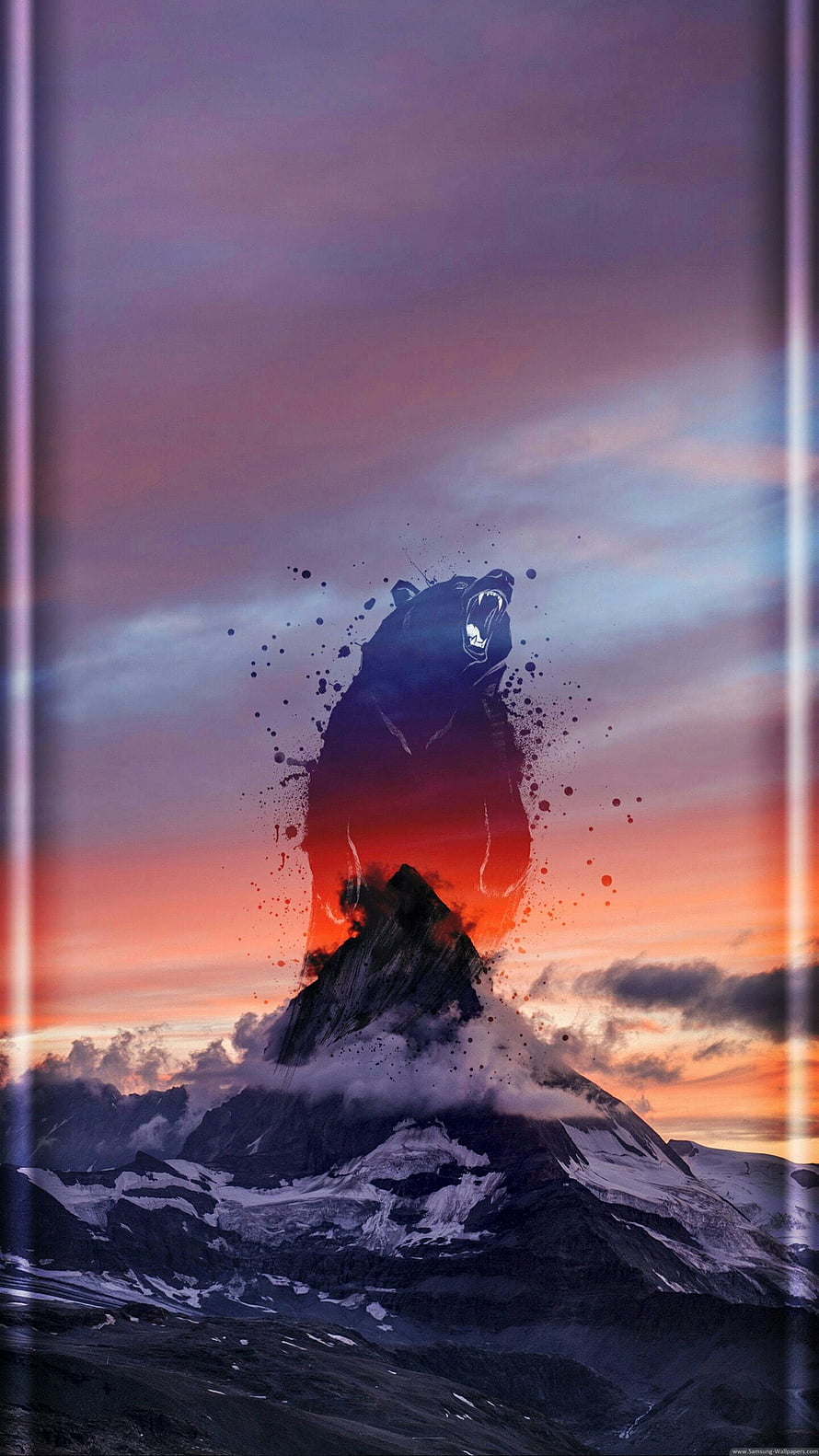 Roaring Bear Silhouette Rising from Snowy Mountain Peak at Sunset HD phone wallpaper