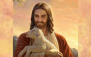 Jesus as the Good Shepherd Holding a Lamb in a Warm Golden Landscape HD wallpaper