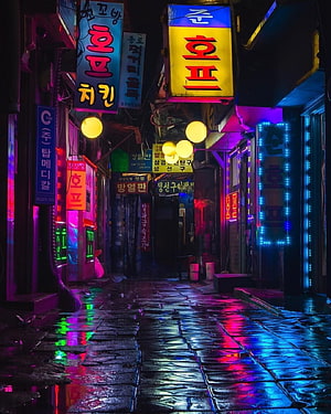 Neon-lit Korean alleyway at night with wet cobblestone street reflecting vibrant pink and blue lights HD phone wallpaper