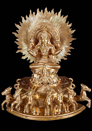 Golden Surya Devta Murti with Seven Horses and Radiant Sun Halo HD phone wallpaper