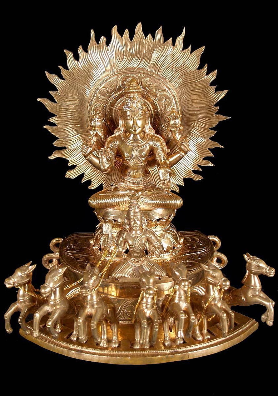 Golden Surya Devta Murti with Seven Horses and Radiant Sun Halo HD phone wallpaper