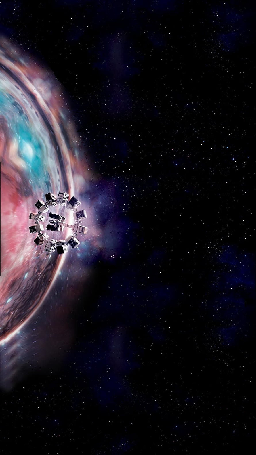 Space Station Orbiting a Colorful Planet in Deep Space HD phone wallpaper
