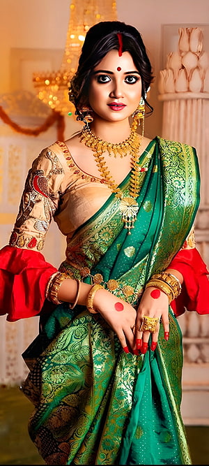 Elegant Indian Woman in Green Silk Saree with Gold Jewelry and Traditional Bridal Accessories, Beautiful girl, eye, beauty, saree HD phone wallpaper