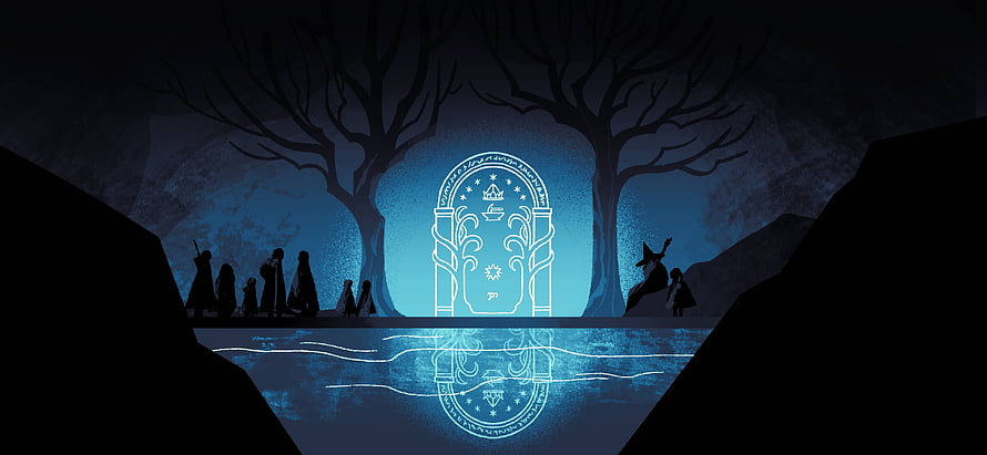 Silhouettes of witches and figures standing before a glowing magical portal in a dark forest HD wallpaper