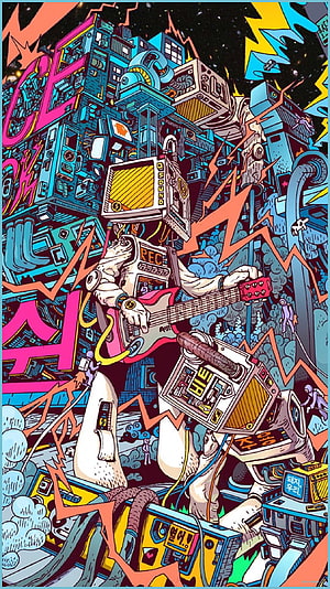 Chaotic Pop Art Illustration of a Robot Guitarist in a Cyberpunk City HD phone wallpaper