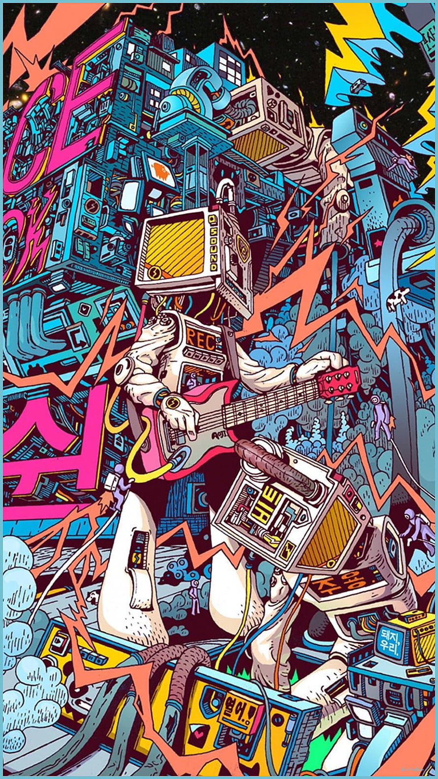 Chaotic Pop Art Illustration of a Robot Guitarist in a Cyberpunk City HD phone wallpaper