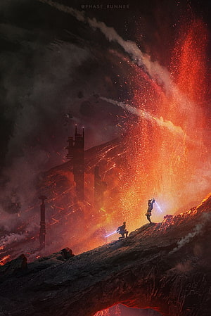 Obi Wan Kenobi and Anakin Skywalker Duel Amidst Volcanic Eruption on Mustafar HD phone wallpaper