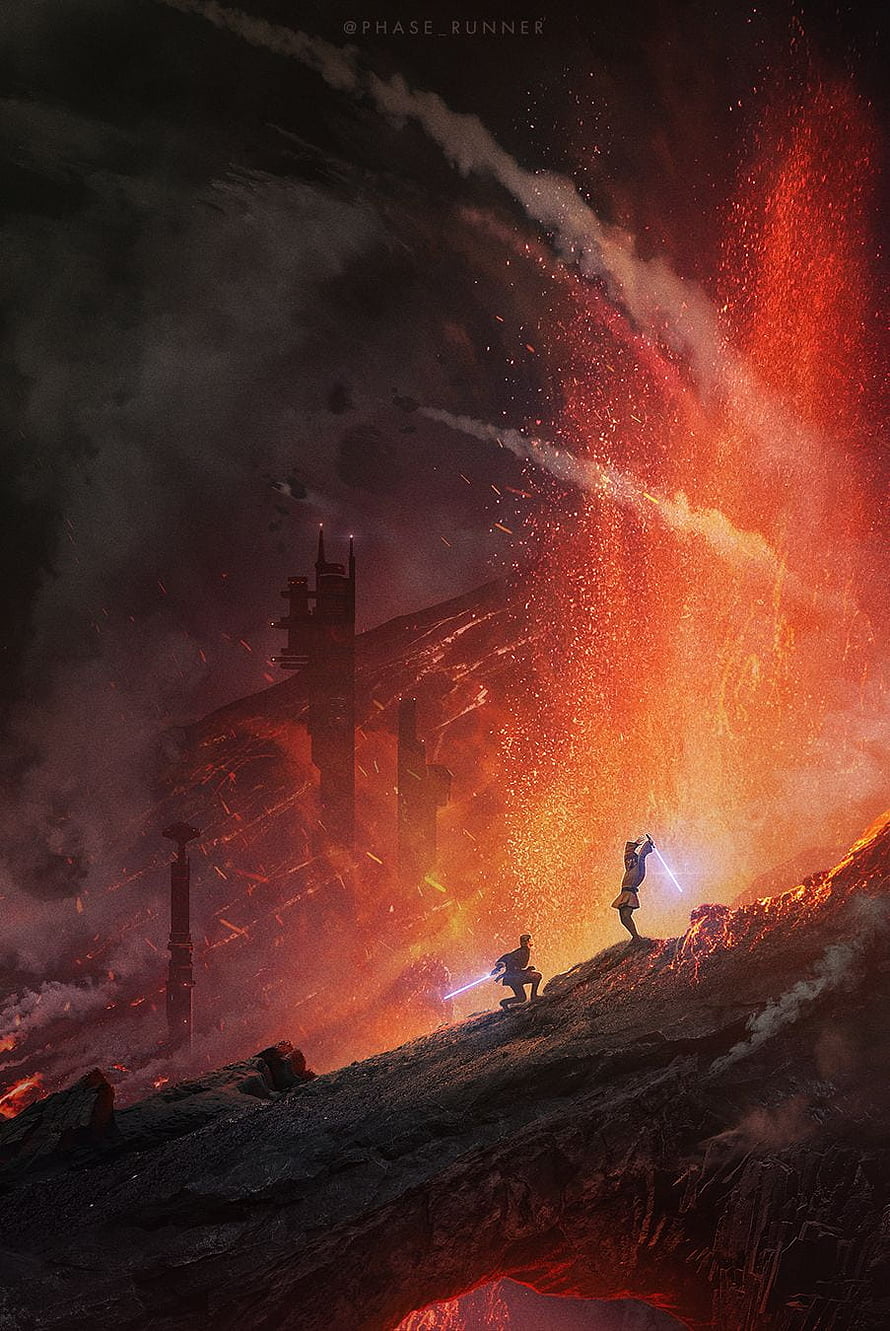 Obi Wan Kenobi and Anakin Skywalker Duel Amidst Volcanic Eruption on Mustafar HD phone wallpaper