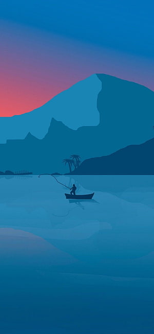 Minimalist Vector Art of a Fisherman in a Boat at Sunset with Mountains, Minimal Google Pixel Archives, Minimal Pixel HD phone wallpaper