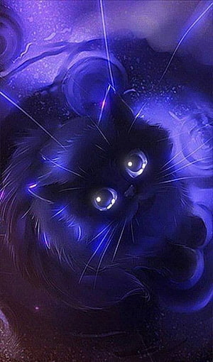 Mystical Black Cat with Glowing Eyes in Purple Nebula Light HD phone wallpaper