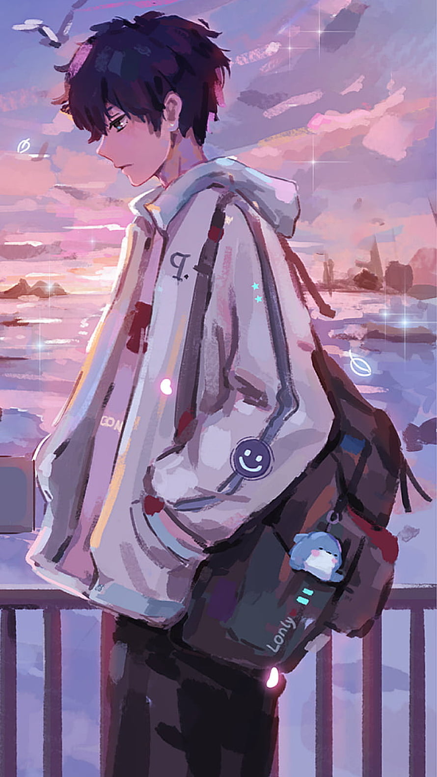 Anime Boy With Backpack At Sunset Beach HD phone wallpaper