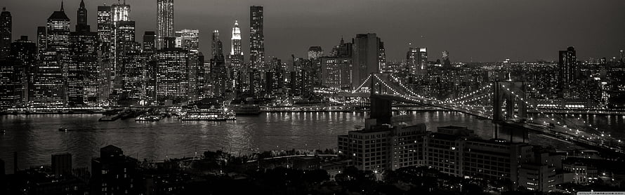 New York City Skyline and Brooklyn Bridge in Black and White Night Photography HD wallpaper