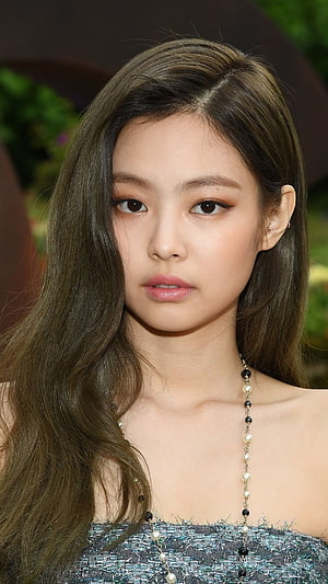 Jennie Kim Elegant Portrait in Textured Gown with Pearl Bead Necklace HD phone wallpaper