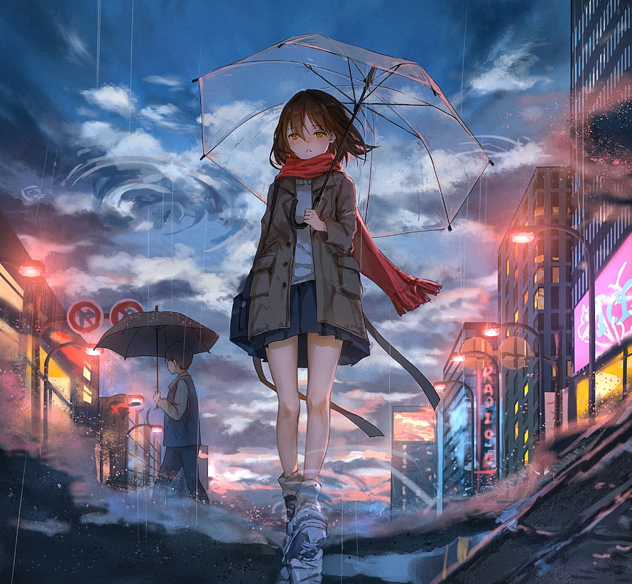 Anime Girl With Clear Umbrella Walking In Rainy City Street HD wallpaper