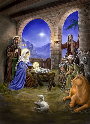 Traditional Nativity Scene with Baby Jesus, Mary, Joseph, Shepherds, and the Star of Bethlehem HD phone wallpaper
