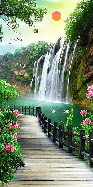 Serene Waterfall Scene with Wooden Boardwalk, Swans, and Vibrant Flowers HD phone wallpaper