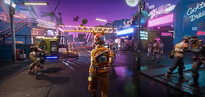 Farlight 84 Neon City Street Scene with Armored Characters and Futuristic Arcade HD wallpaper
